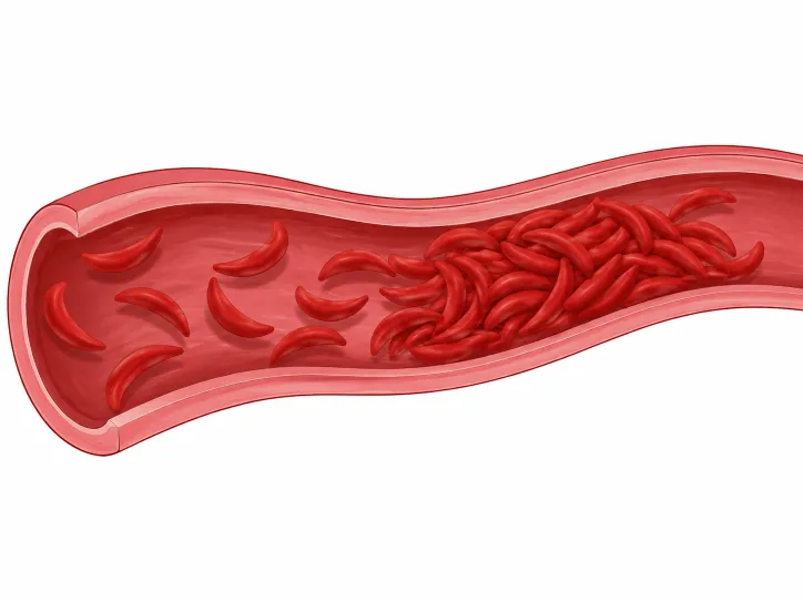 Sickle genotype (SS) showing cells clumping and blocking flow